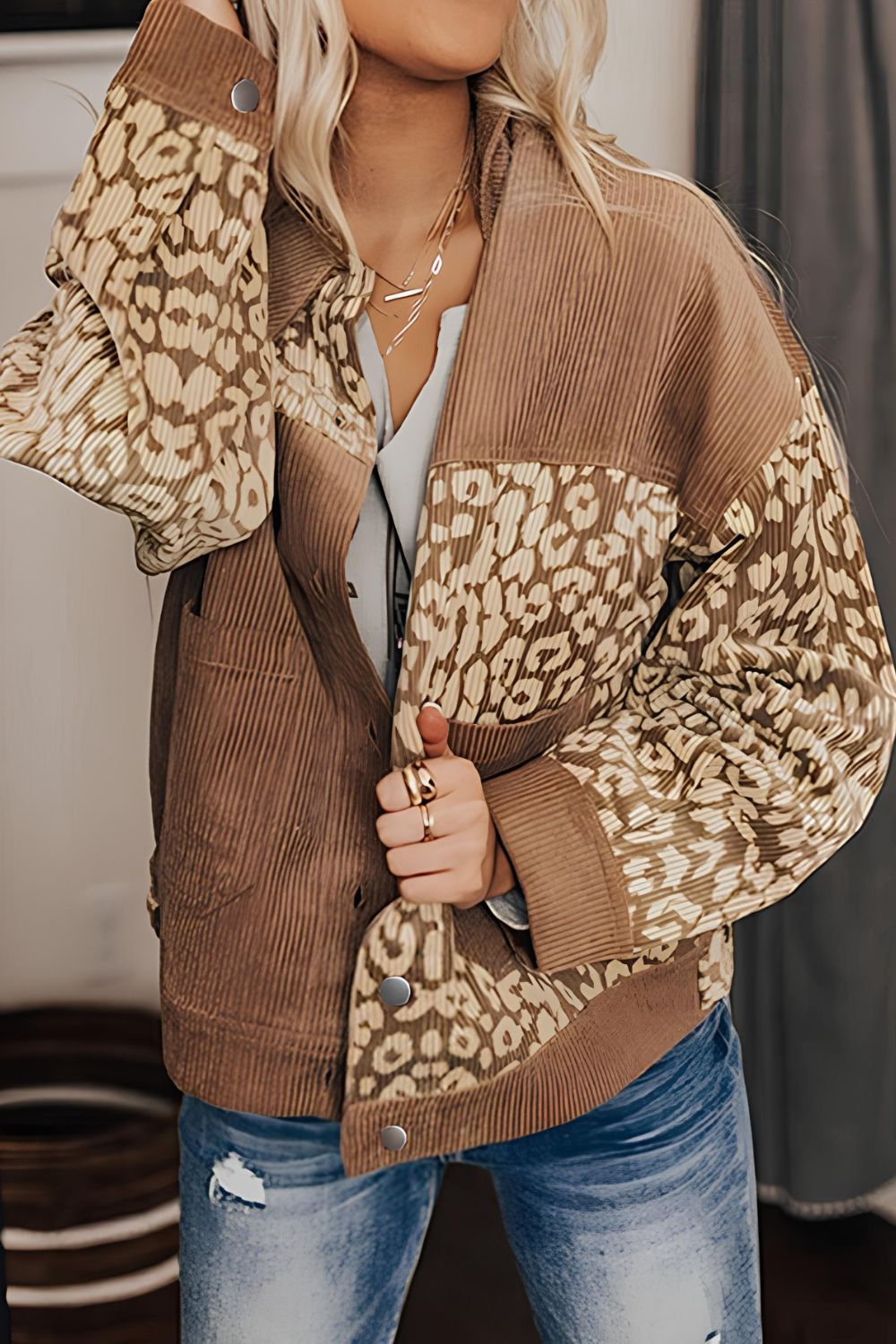 Leopard Button Up Drop Shoulder Jacket