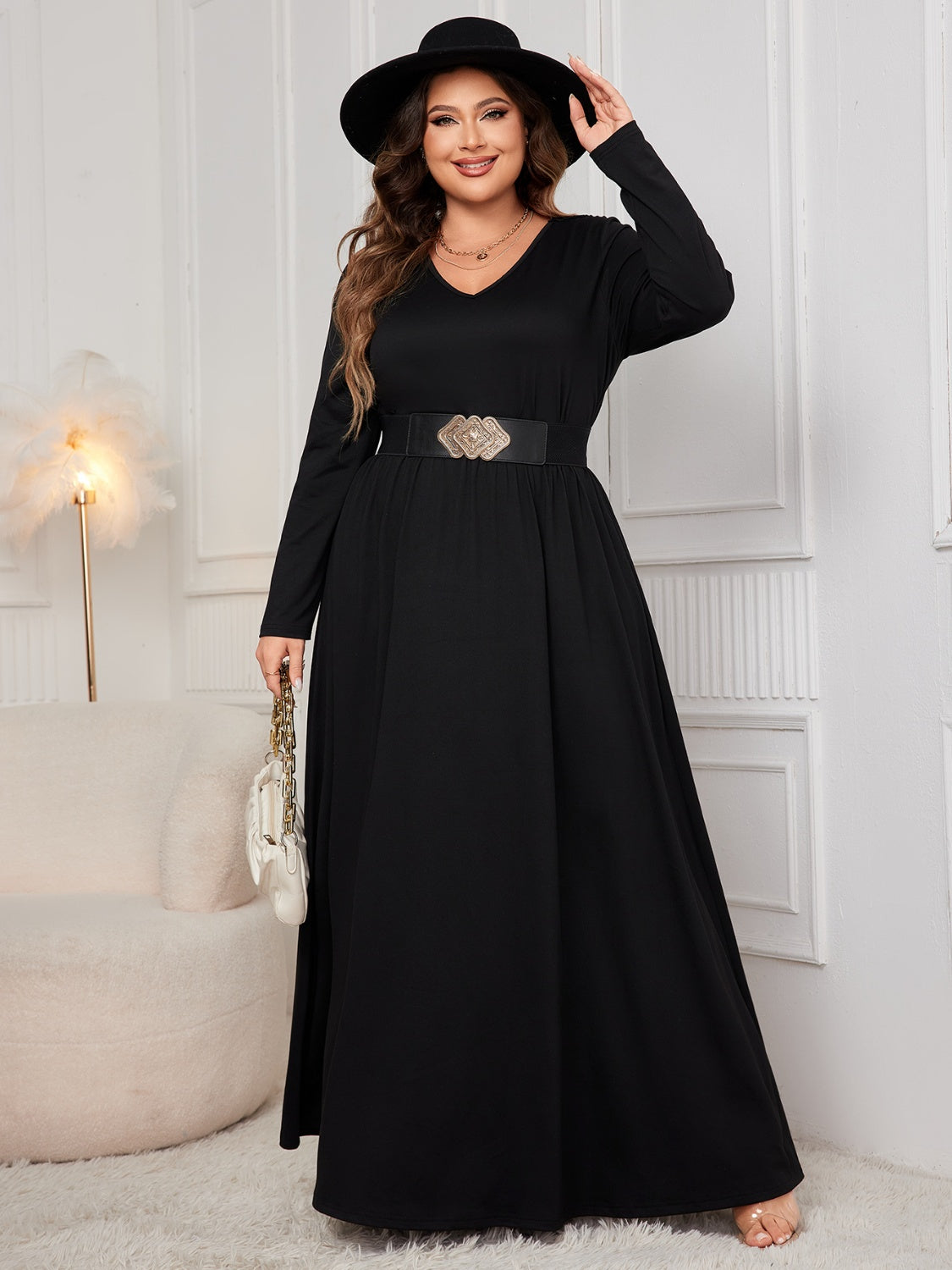 Plus Size Cutout V-Neck Black Long Sleeve Maxi Dress