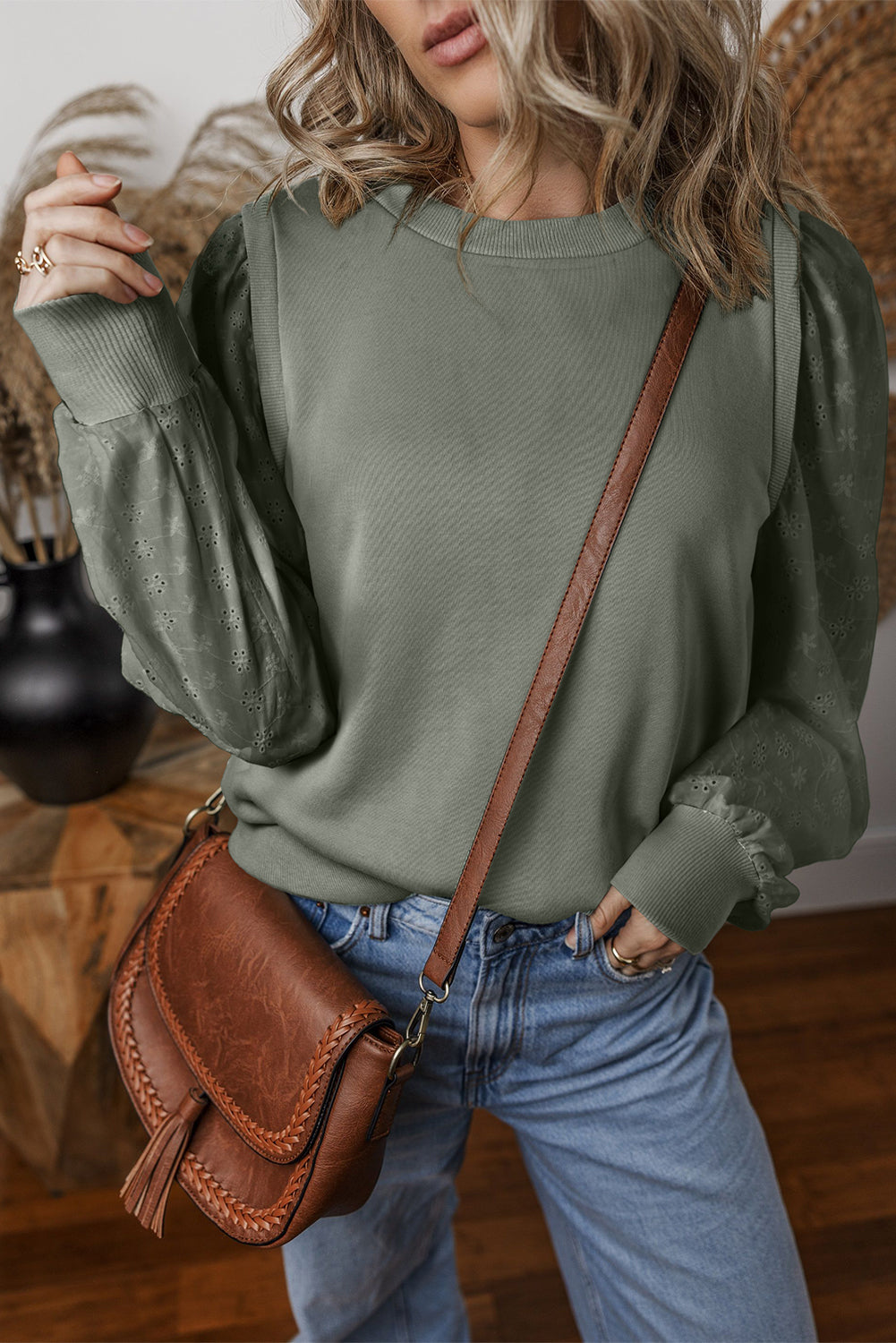 Eyelet Round Neck Long Sleeve Sweatshirt