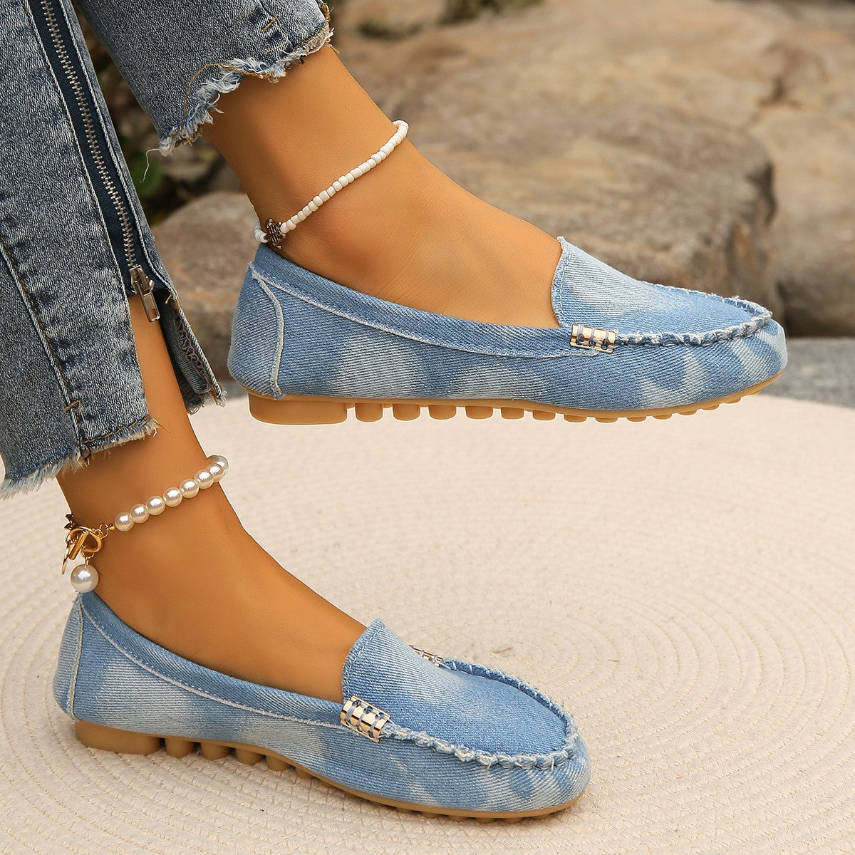 SkyTime Light Blue Round Toe Flat Loafers