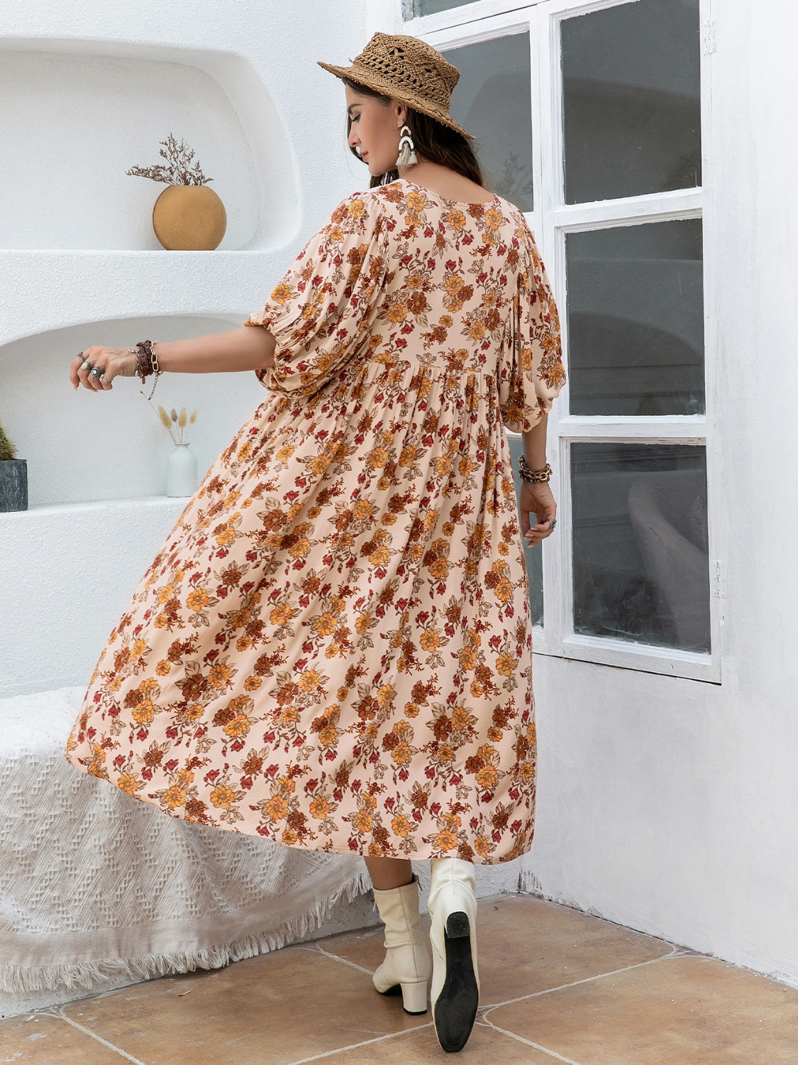 Plus Size Floral Printed Tie Neck Half Sleeve Midi Dress