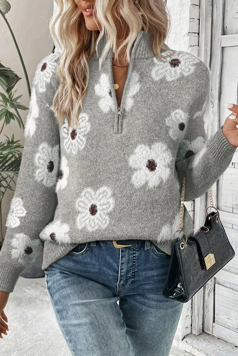 Full Size Flower Half Zip Long Sleeve Sweater