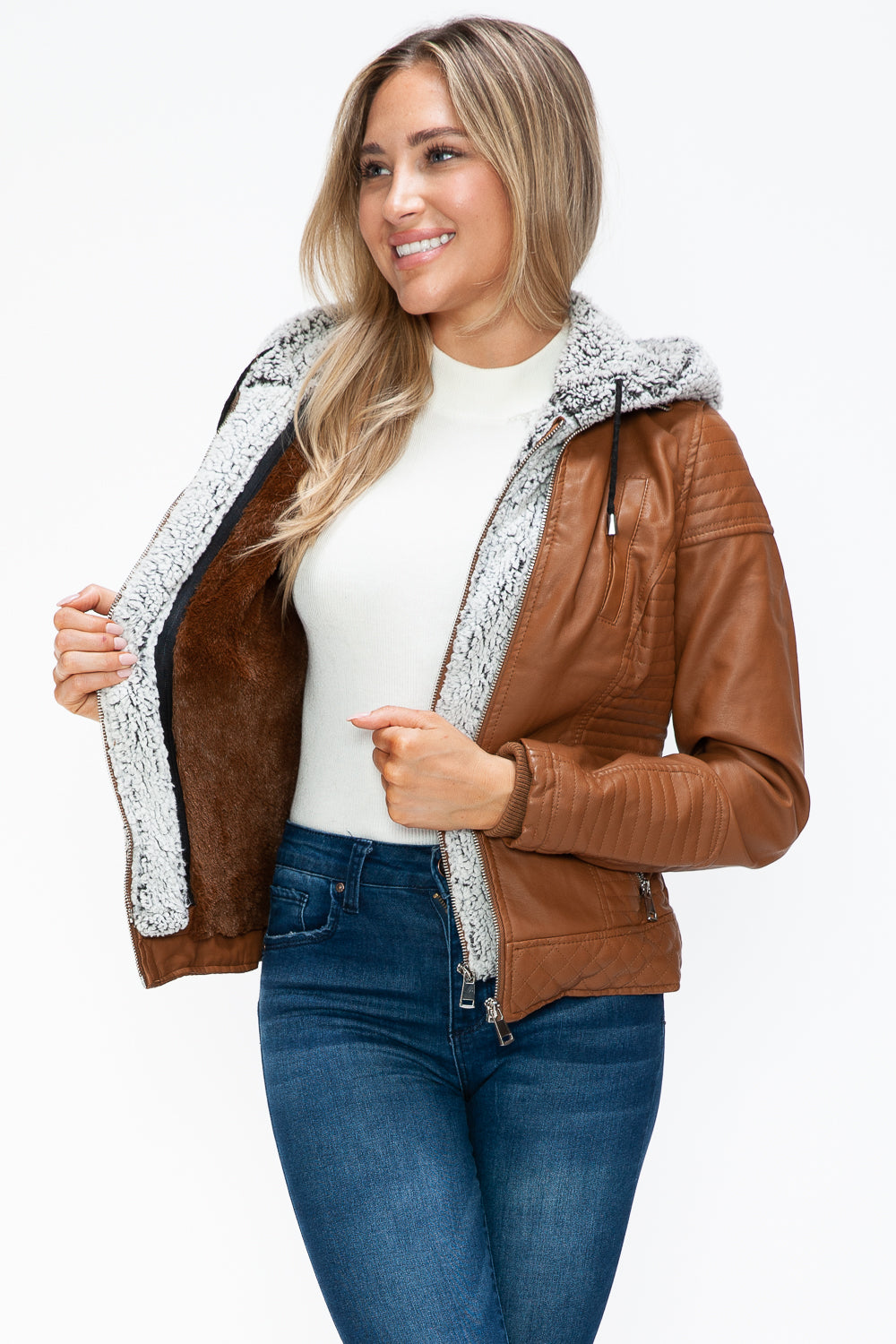 YMI Faux Layered Double-Zipper Jacket with Fuzzy Hood