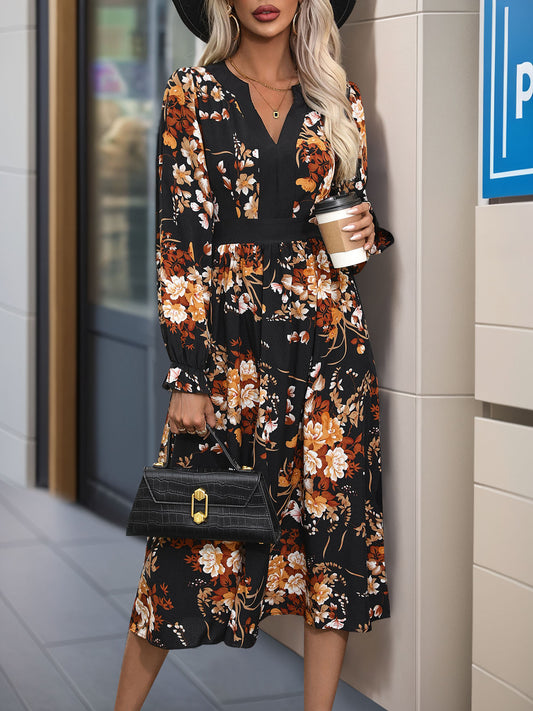 Printed Notched Long Sleeve Midi Dress