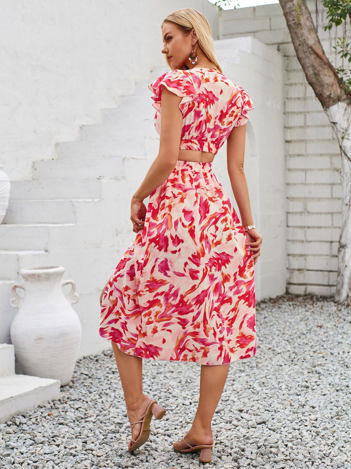 Cutout Slit Printed Cap Sleeve Midi Dress