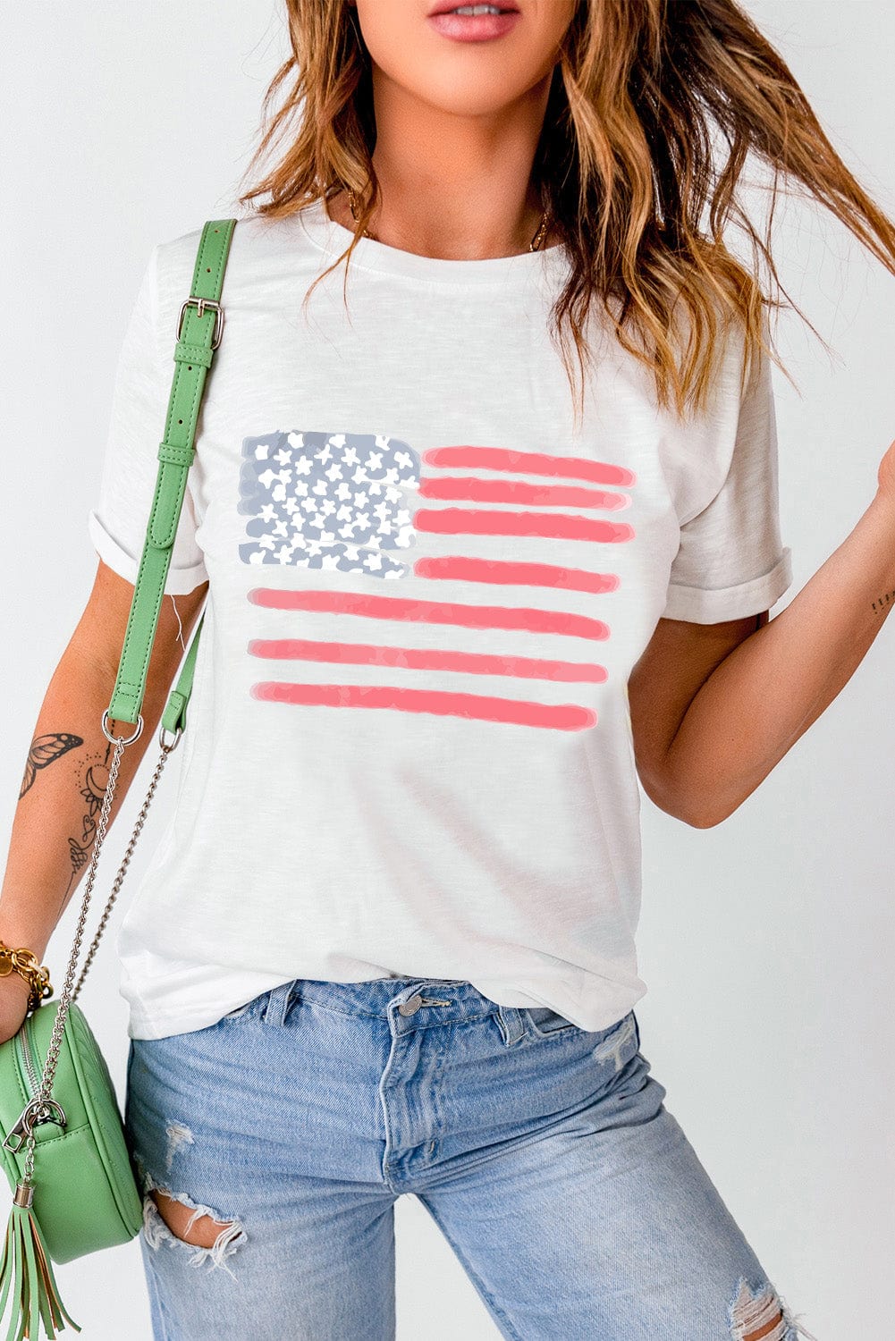 Full Size US Flag Round Neck Short Sleeve T-Shirt