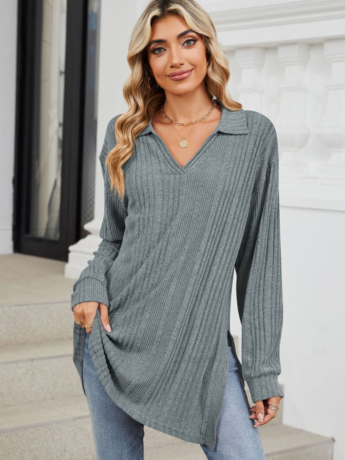 Slit Johnny Collar Long Sleeve T-Shirt