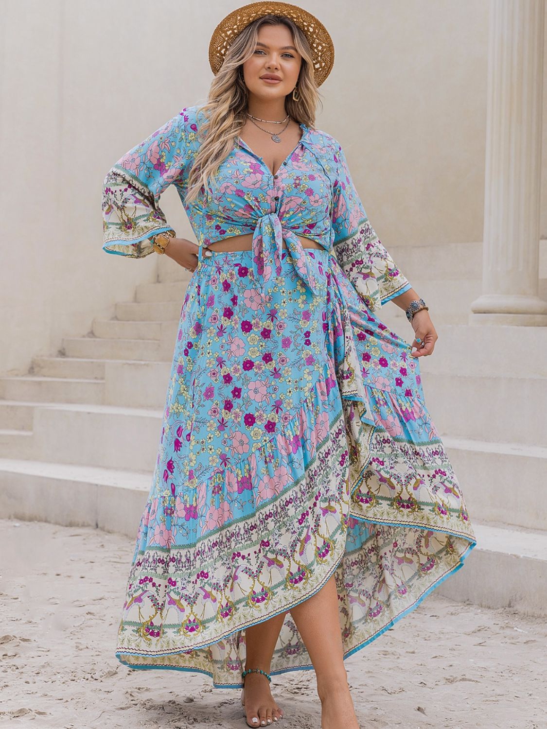 Plus Size Printed Light Blue Tie Neck Top and Skirt Set