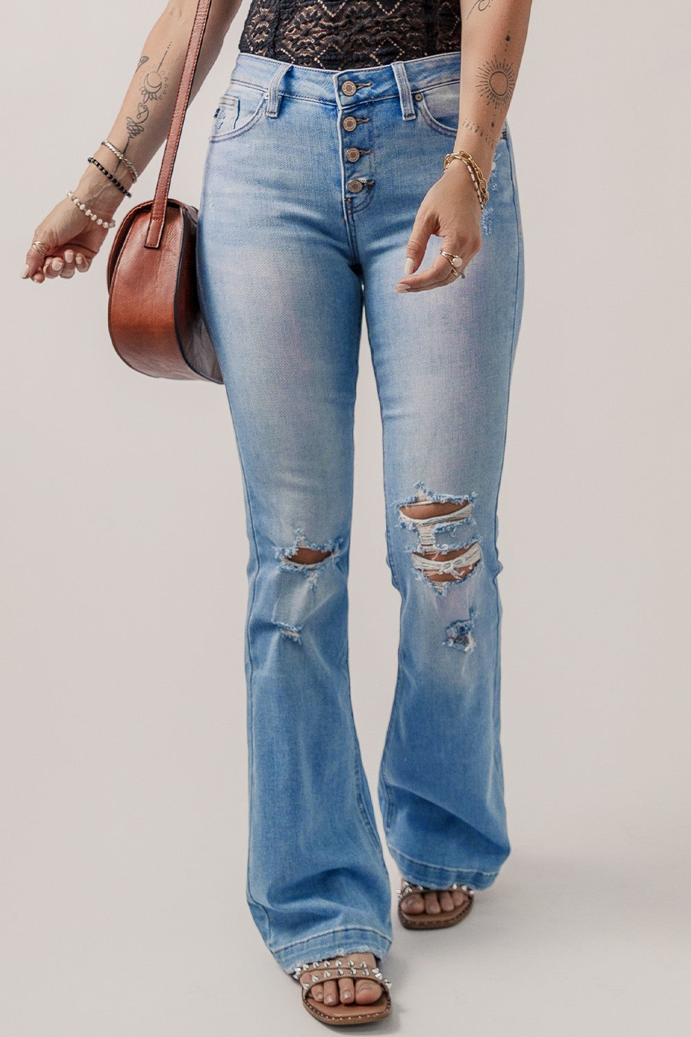 Summer Anastacia Button-Fly Distressed Flare Jeans