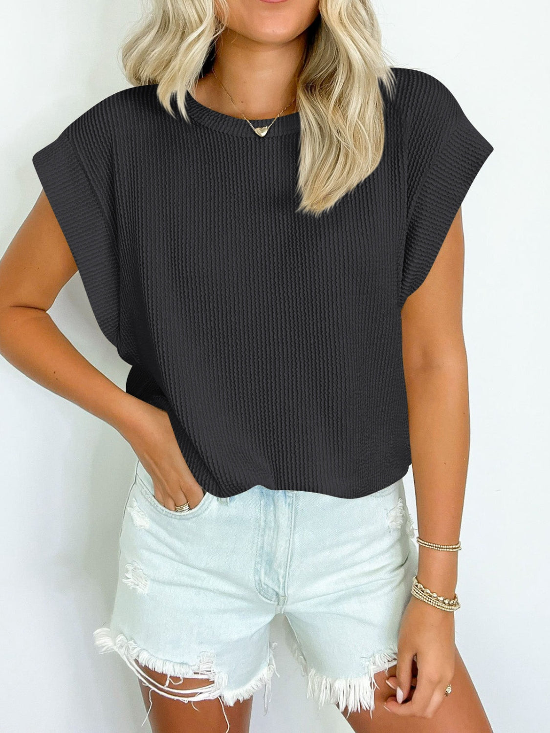 Full Size Textured Round Neck Cap Sleeve Blouse