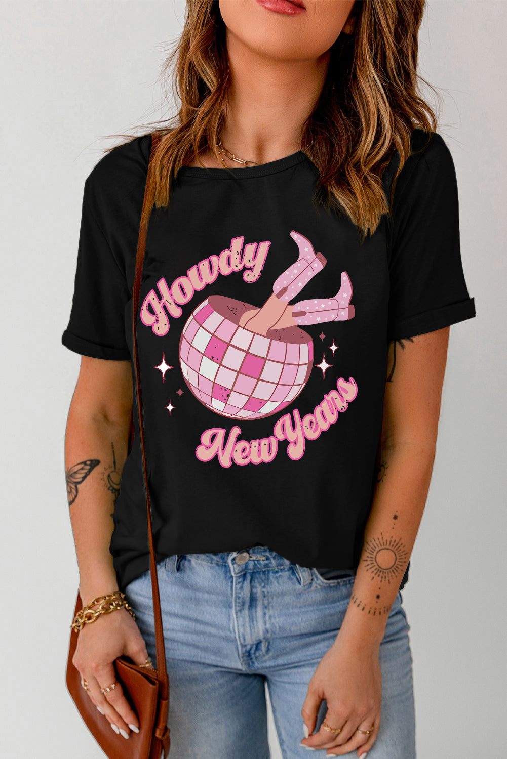 Full Size HOWDY NEW YEARS Round Neck Black T-Shirt