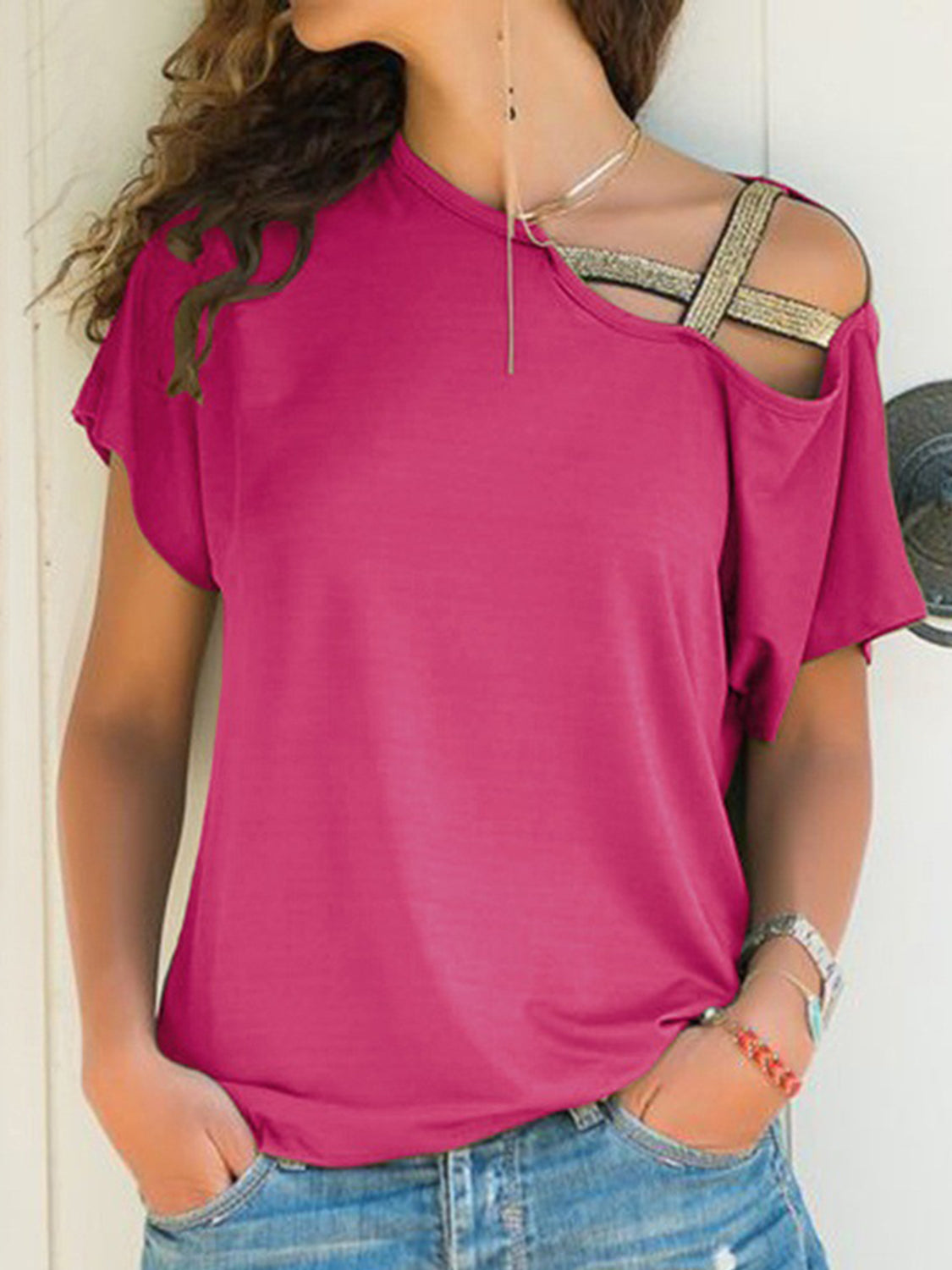 Asymmetrical Neck Short Sleeve T-Shirt