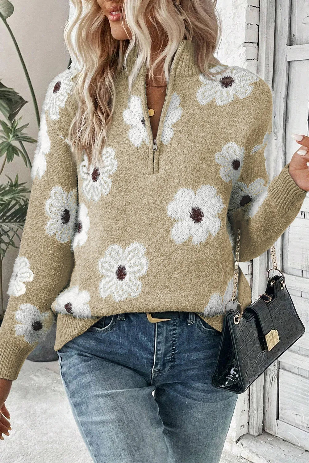 Full Size Flower Half Zip Long Sleeve Sweater