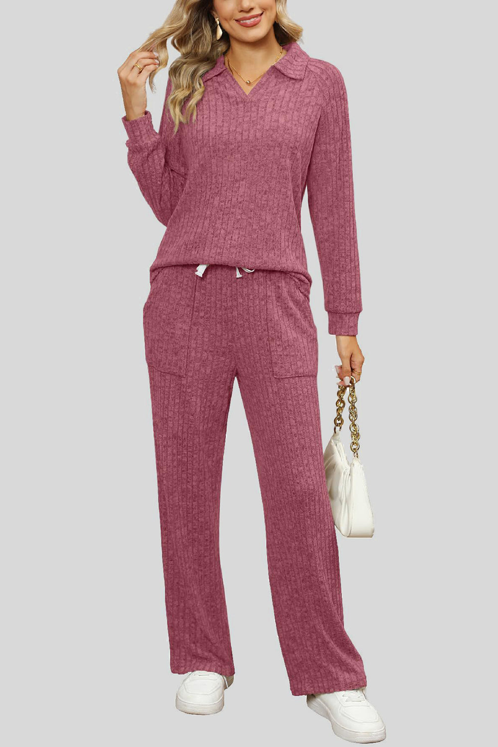 Ribbed Long Sleeve Top and Pocketed Pants Set