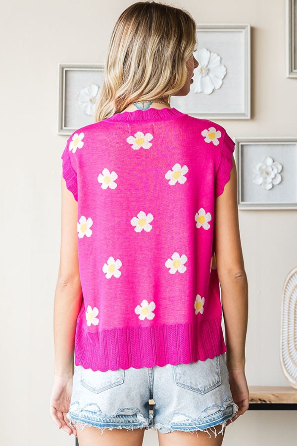 First Love Full Size Flower Pattern Round Neck Sweater Vest