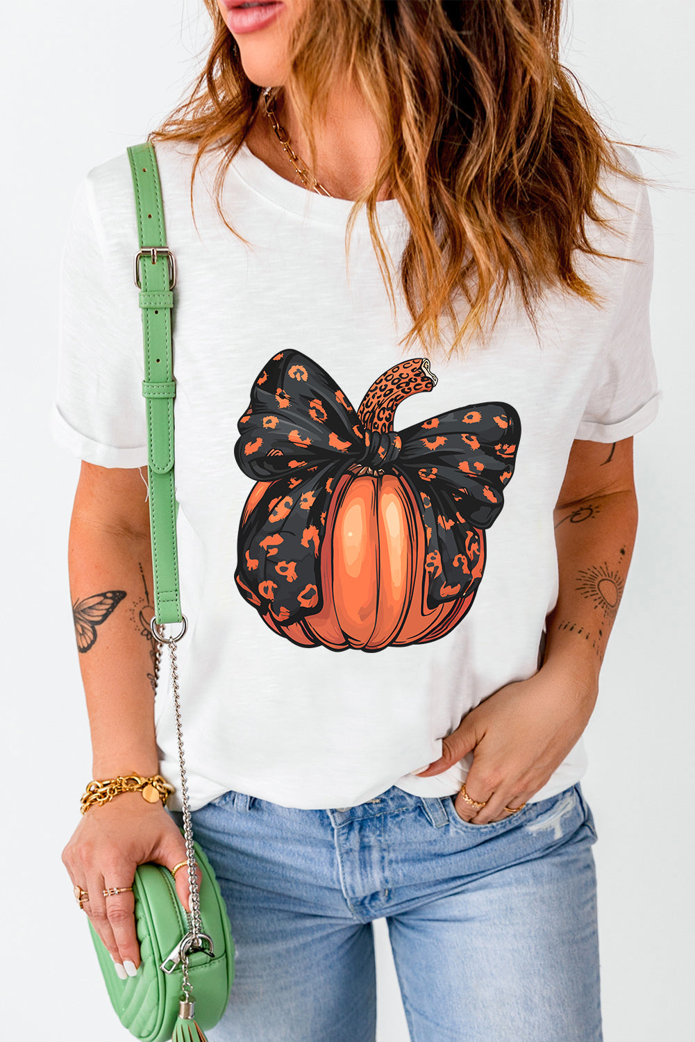 Full Size Pumpkin White Round Neck Short Sleeve T-Shirt