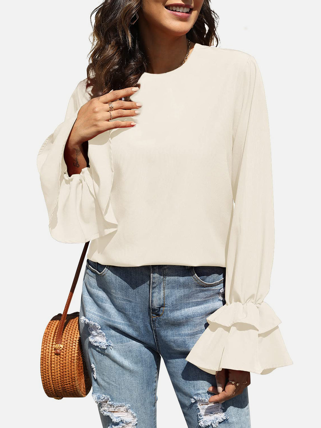 Round Neck Double-Layered Flounce Sleeve Top