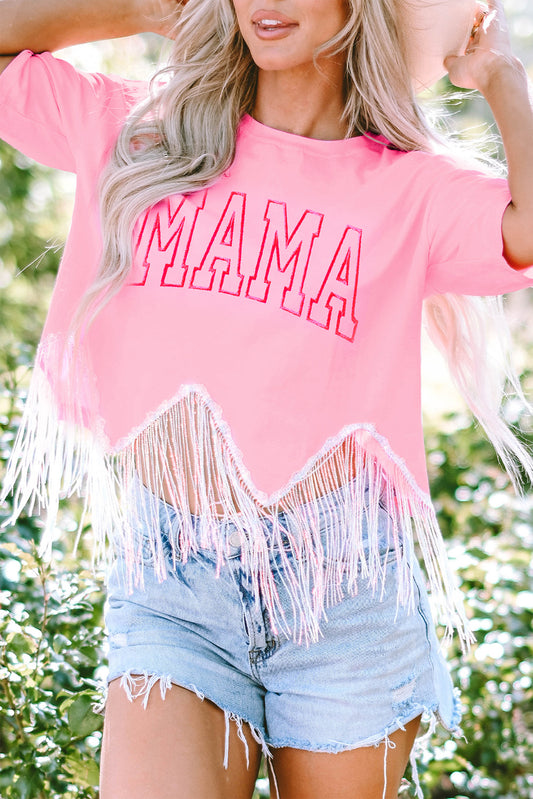 Blush Pink MAMA Sequin Fringe Round Neck T-Shirt