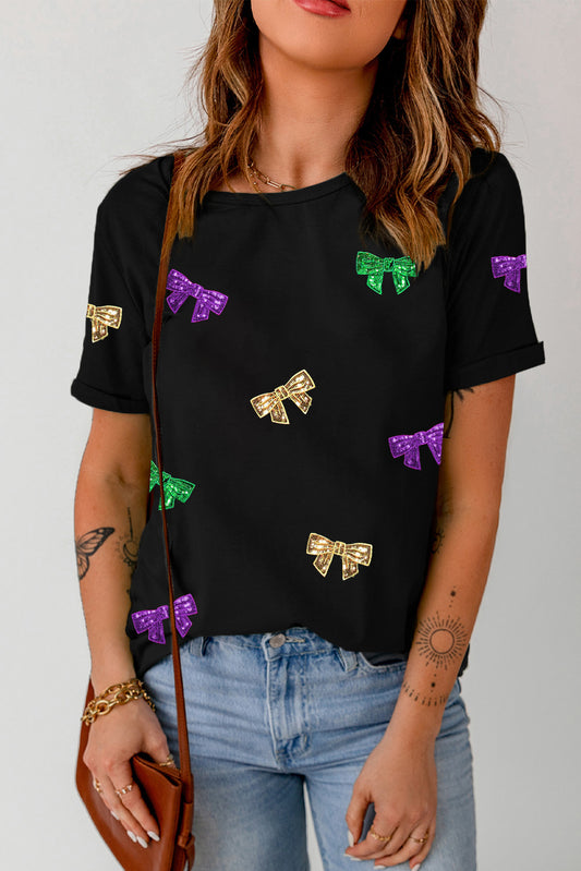 Full Size Bow Print Sequin Round Neck Short Sleeve T-Shirt