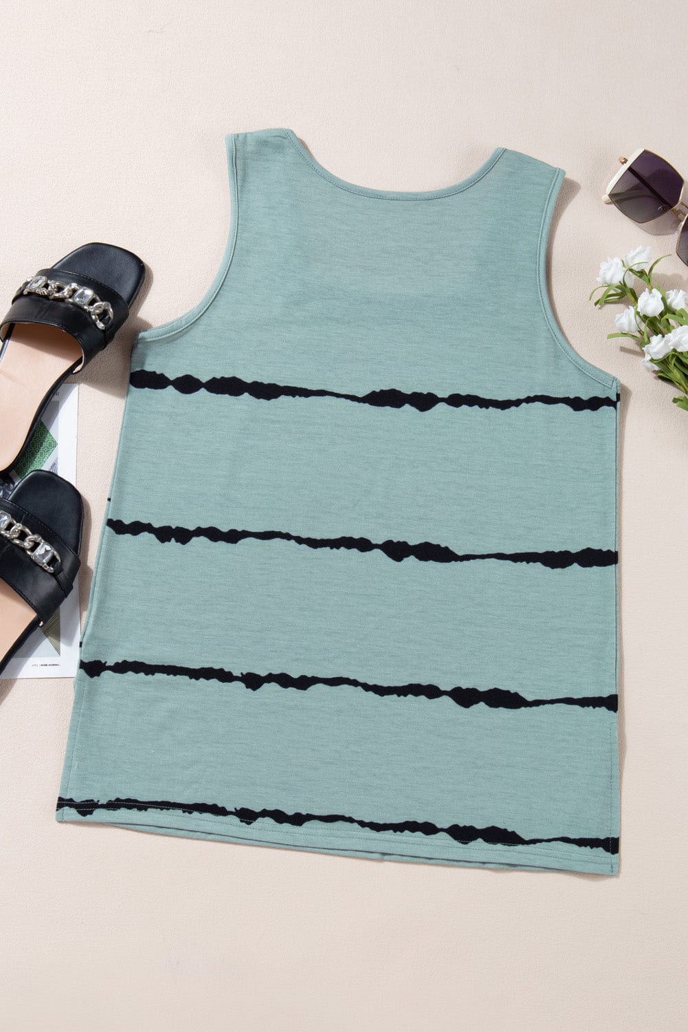 Full Size Striped Square Neck Sage Green Tank