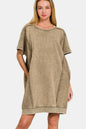 Zenana Mocha Brown Washed Exposed Seam Mini Tee Dress