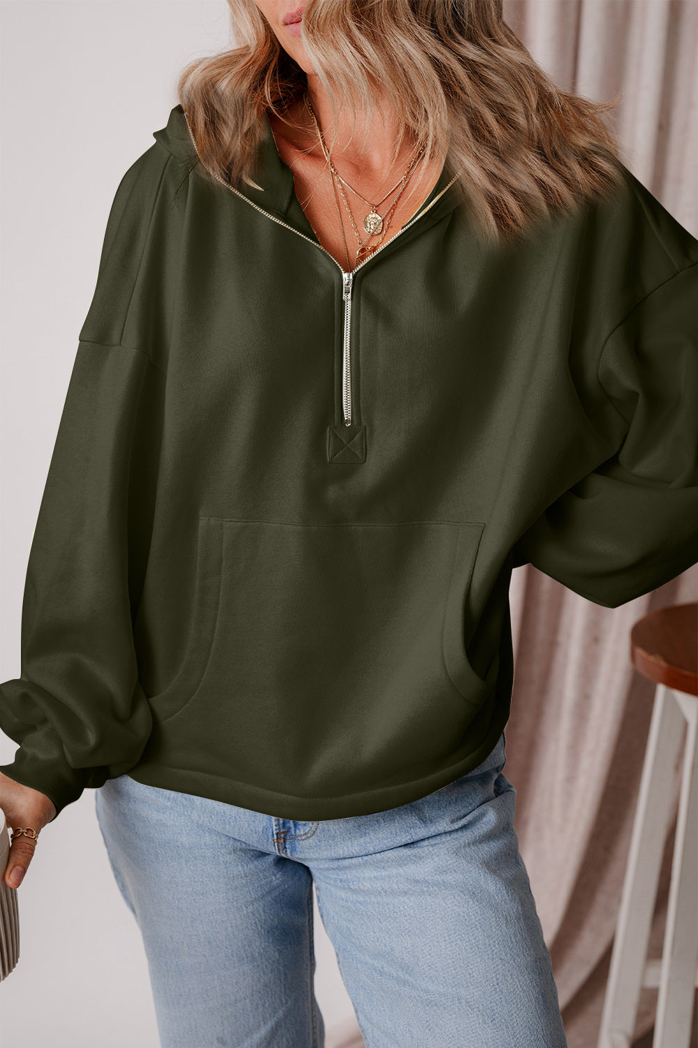 Pocketed Half Zip Dropped Shoulder Hoodie