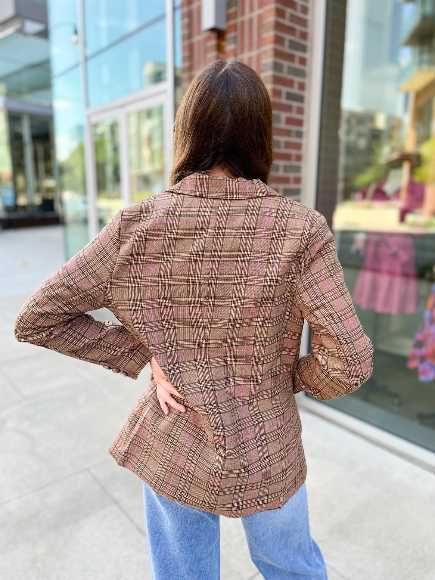 Preptastic Brown Pink Plaid Blazer