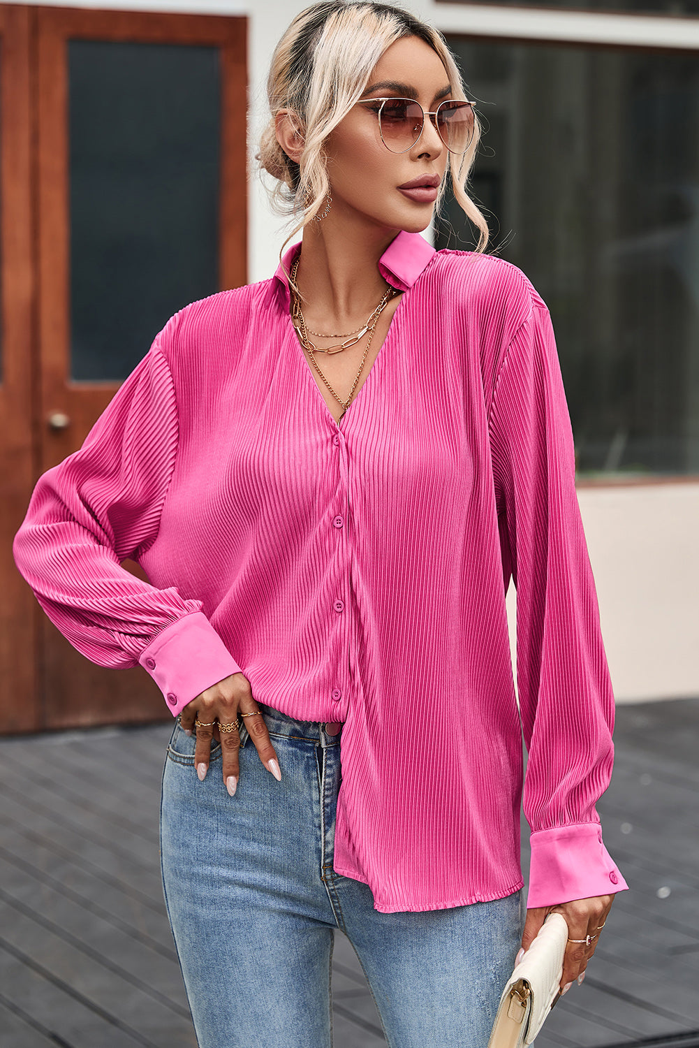 Texture Collared Neck Long Sleeve Shirt