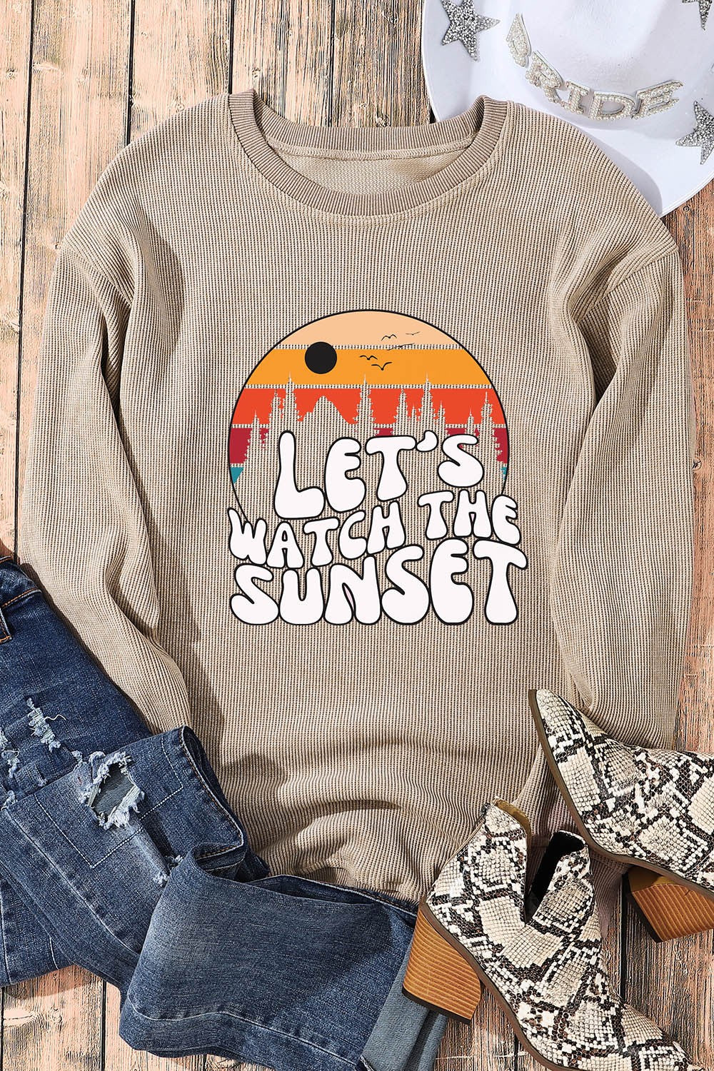 LET'S WATCH THE SUNSET Ribbed Round Neck Sweatshirt