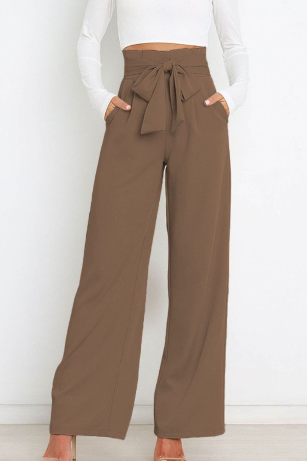 Women's Tie Front Paperbag Wide Leg Pants