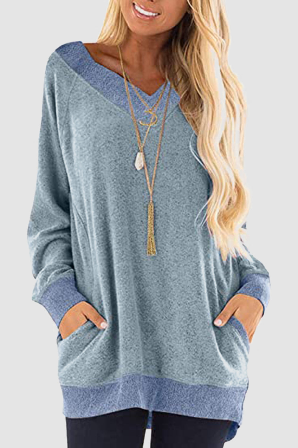 V-Neck Long Sleeve Sweatshirt with Pockets