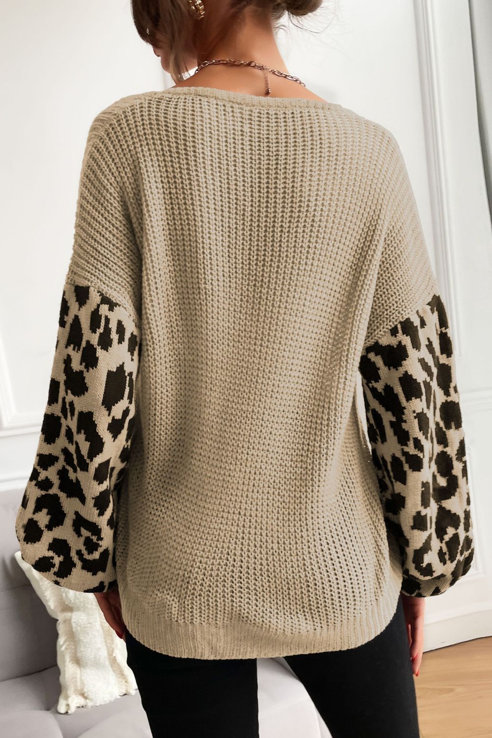 Perfee Leopard Sleeve Dropped Shoulder Sweater