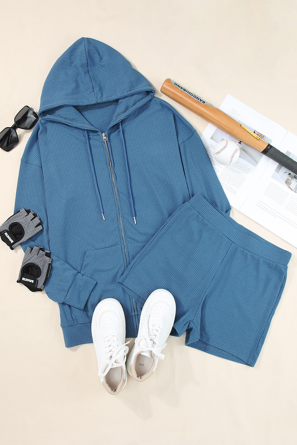 Full Size Drawstring Zip Up Sweatshirt and Shorts Set