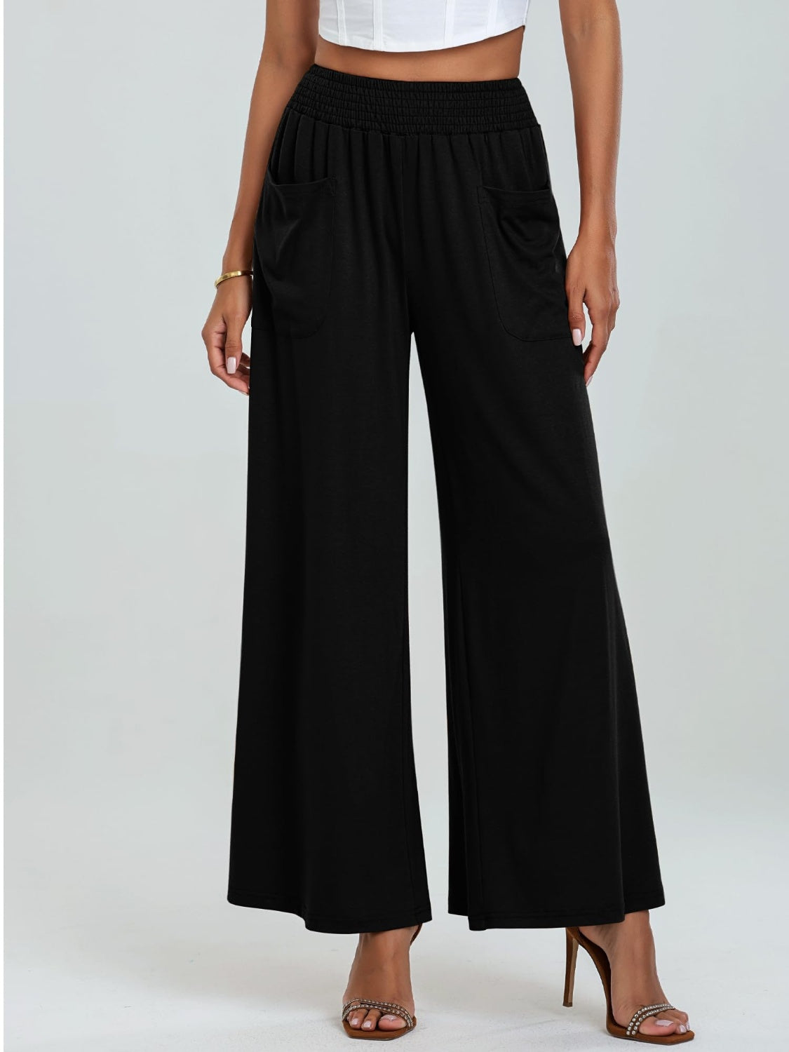 Pocketed Elastic Waist Wide Leg Pants