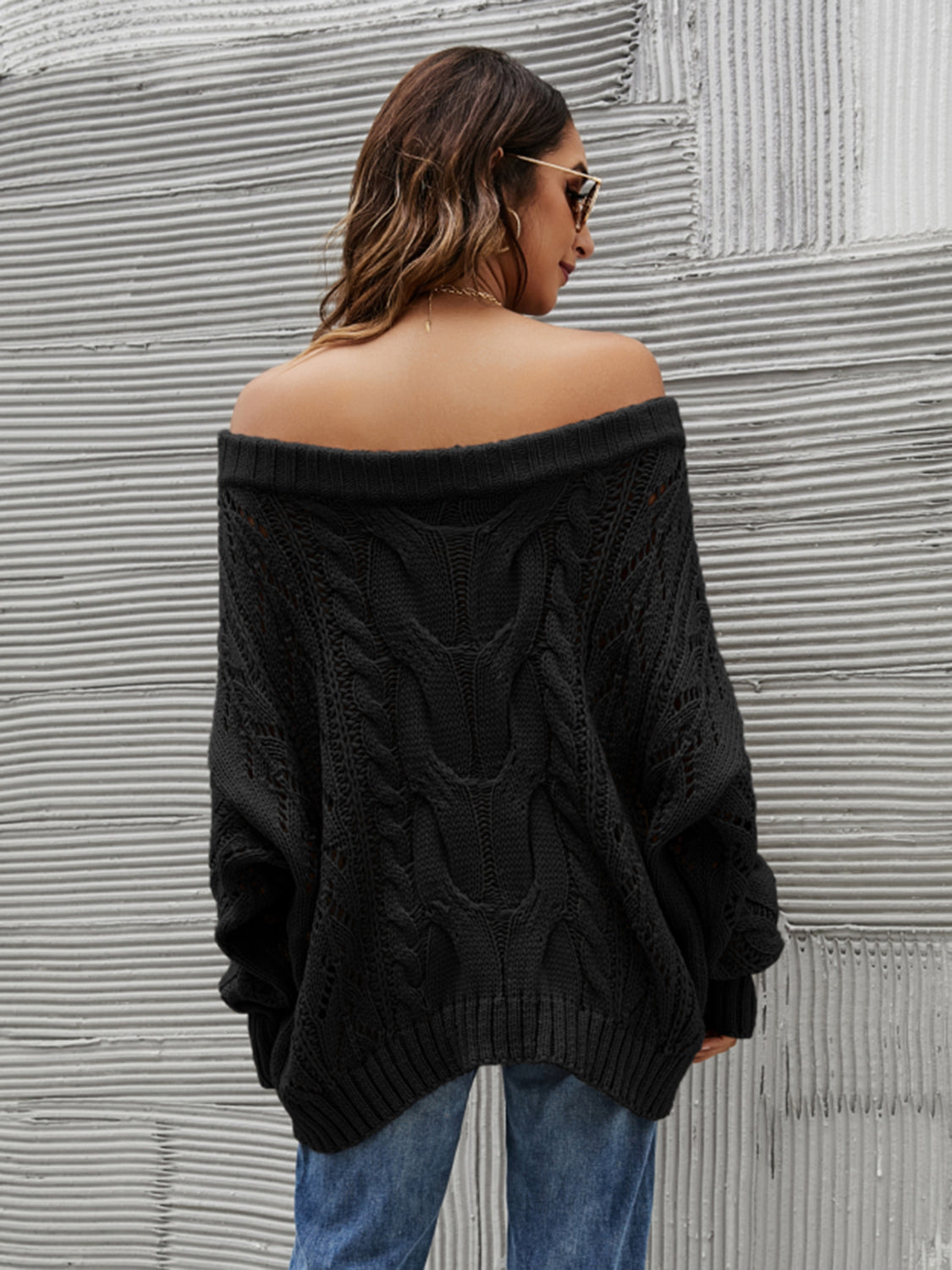 Cable Knit Openwork Off-Shoulder Sweater