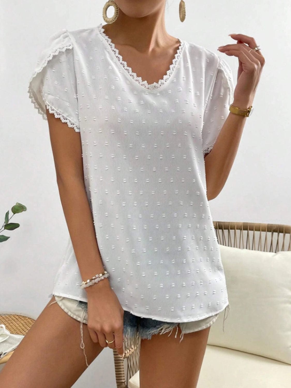 Full Size Swiss Dot Lace Detail V-Neck Petal Sleeve Blouse