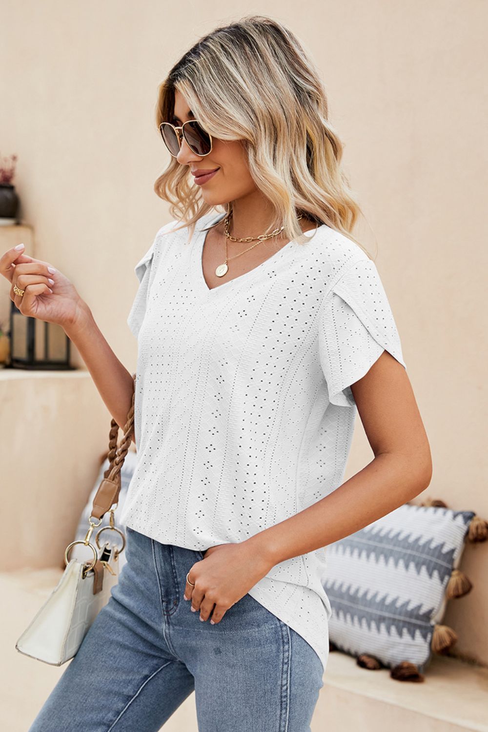 Eyelet Petal Sleeve V-Neck Knit Top