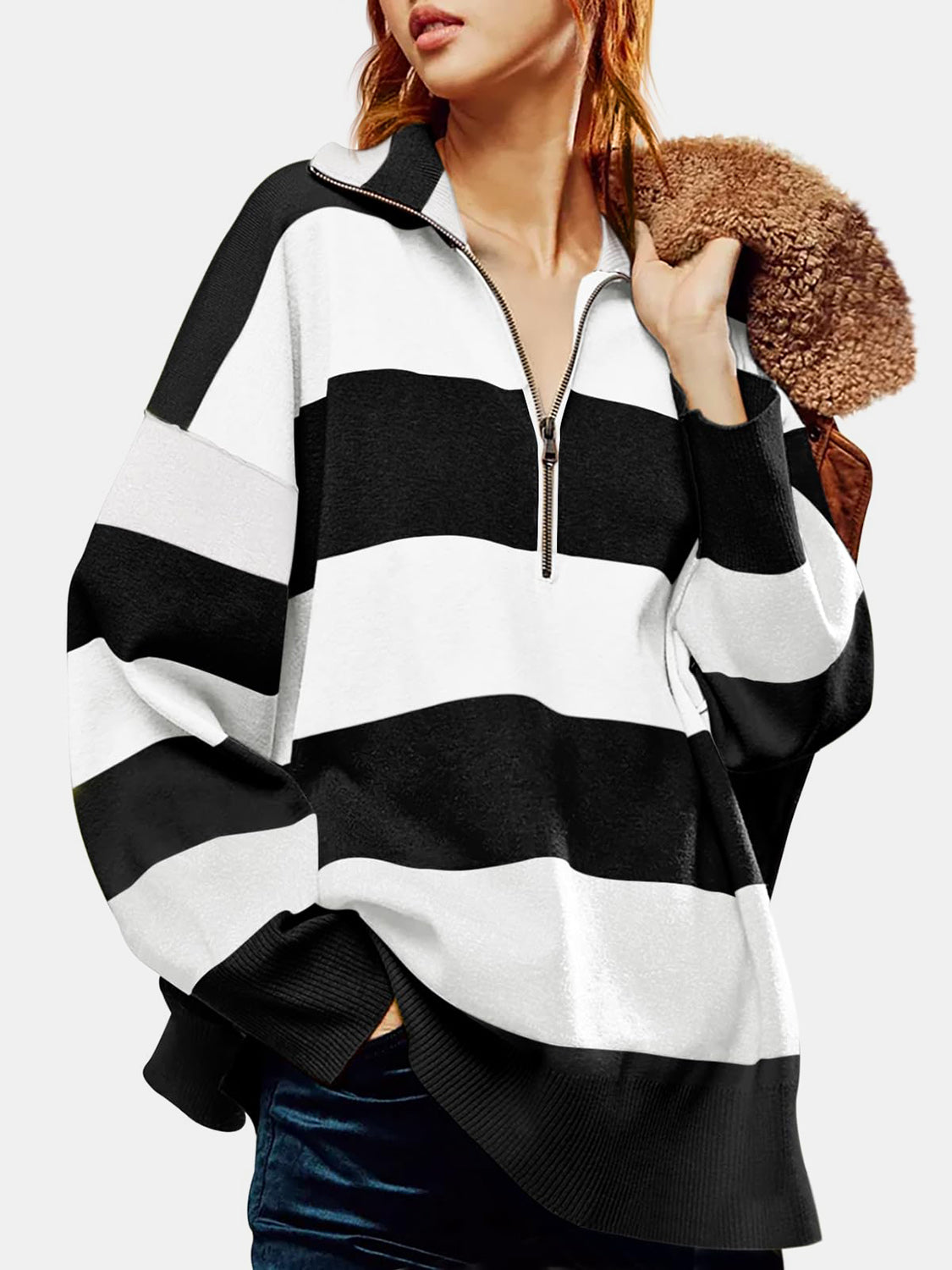 Color Block Half Zip Long Sleeve Sweater