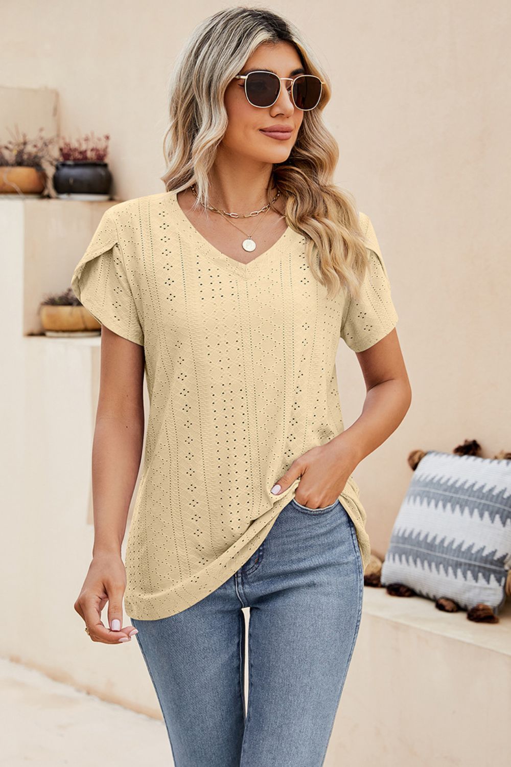 Eyelet Petal Sleeve V-Neck Knit Top