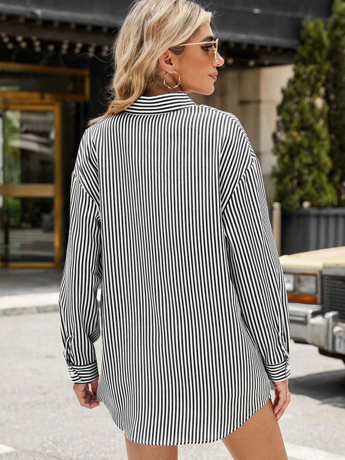 Full Size Pocketed Striped Collared Neck Long Sleeve Shirt