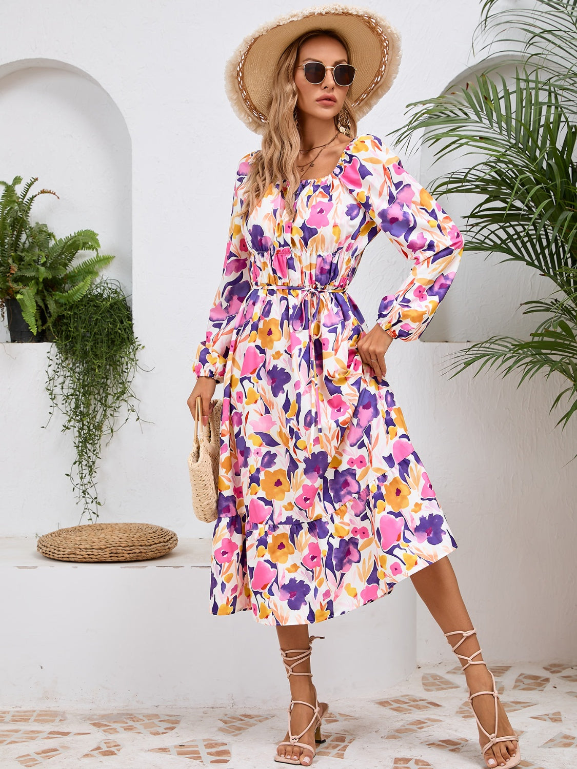 Full Size Printed Long Sleeve Midi Dress