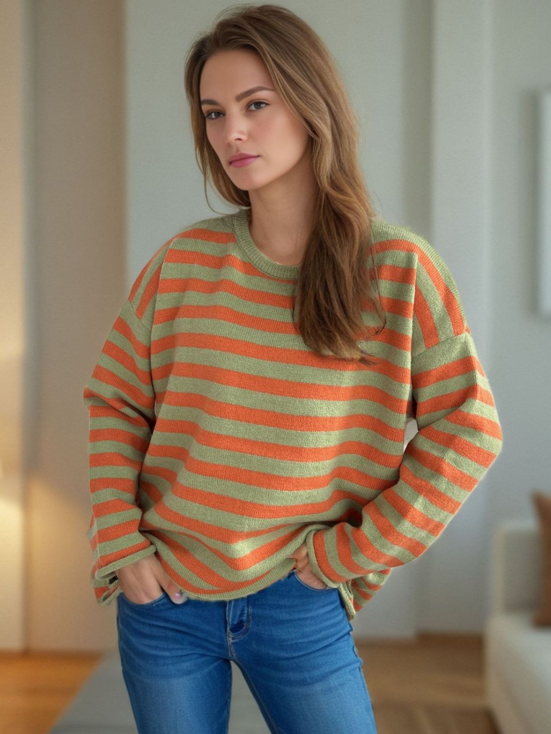 Distressed Striped Round Neck Long Sleeve Sweater