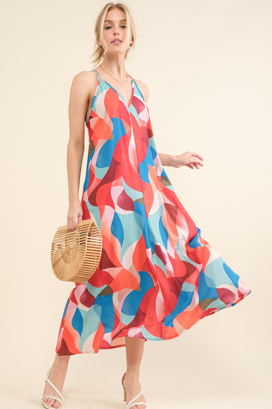 And the Why Printed Blue Multi Crisscross Back Cami Dress