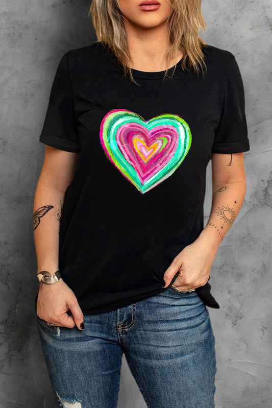Full Size Heart Round Neck Short Sleeve T-Shirt