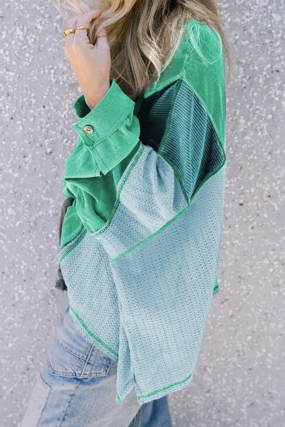 Patchwork Color Block Round Neck Long Sleeve Top