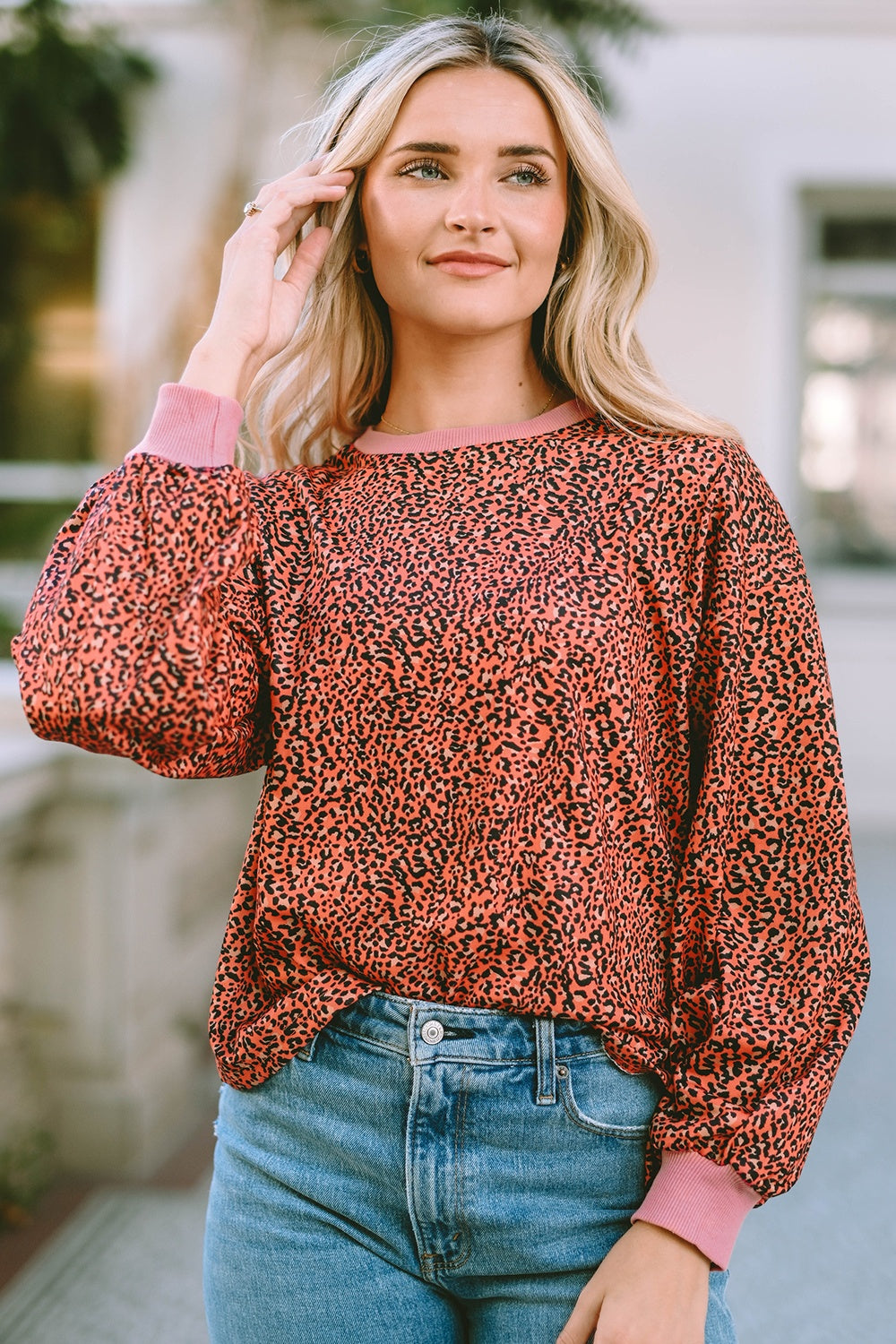 Full Size Leopard Round Neck Long Sleeve Sweatshirt