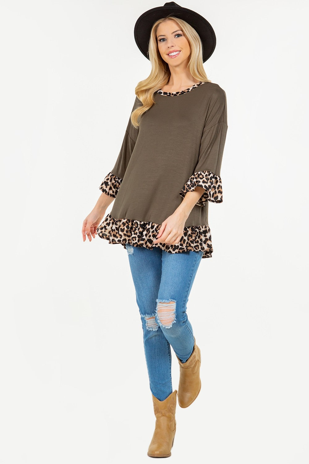 Celeste Full Size Flounce Sleeve Leopard Trim Top