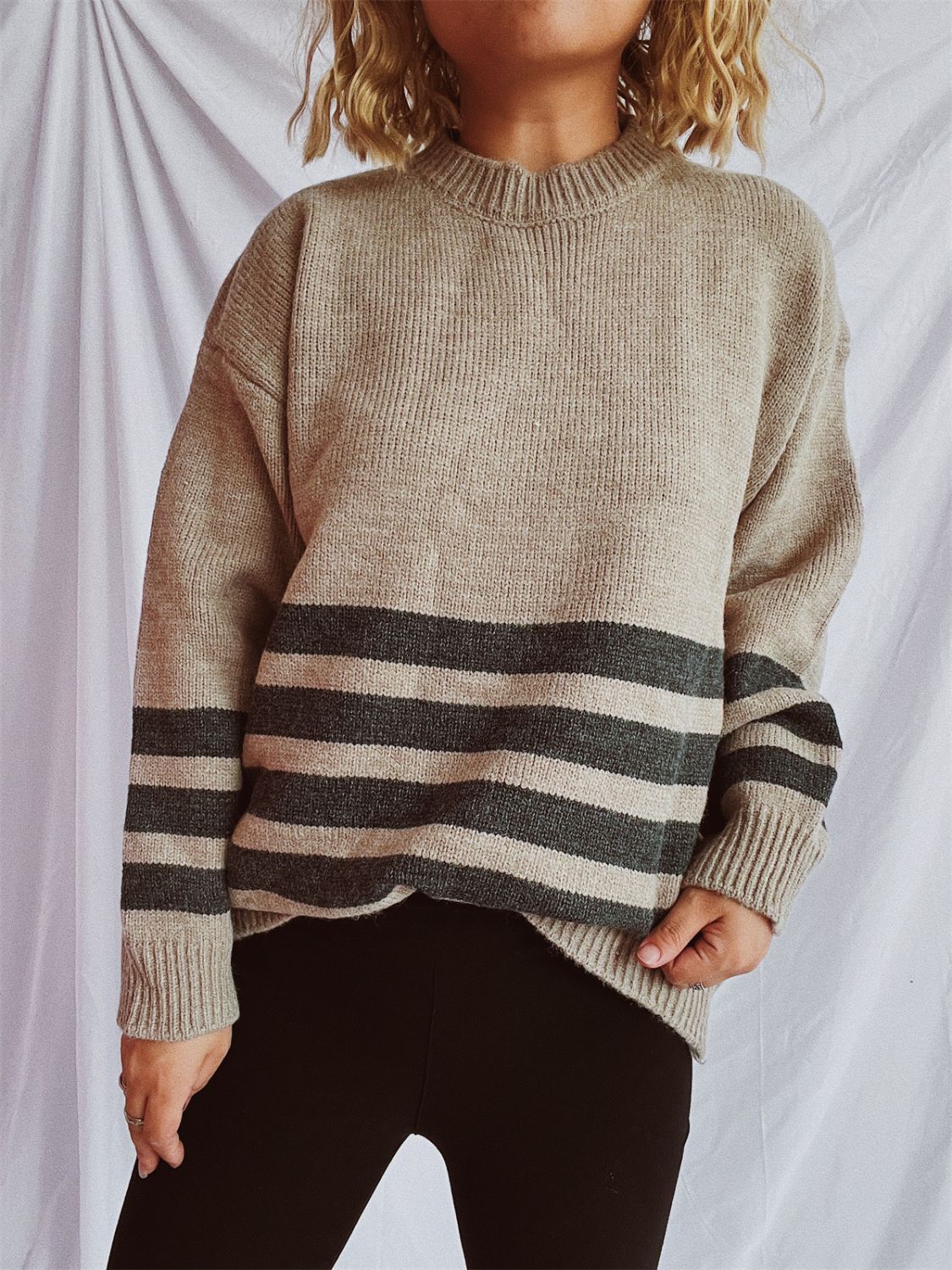 Striped Dropped Shoulder Long Sleeve Sweater