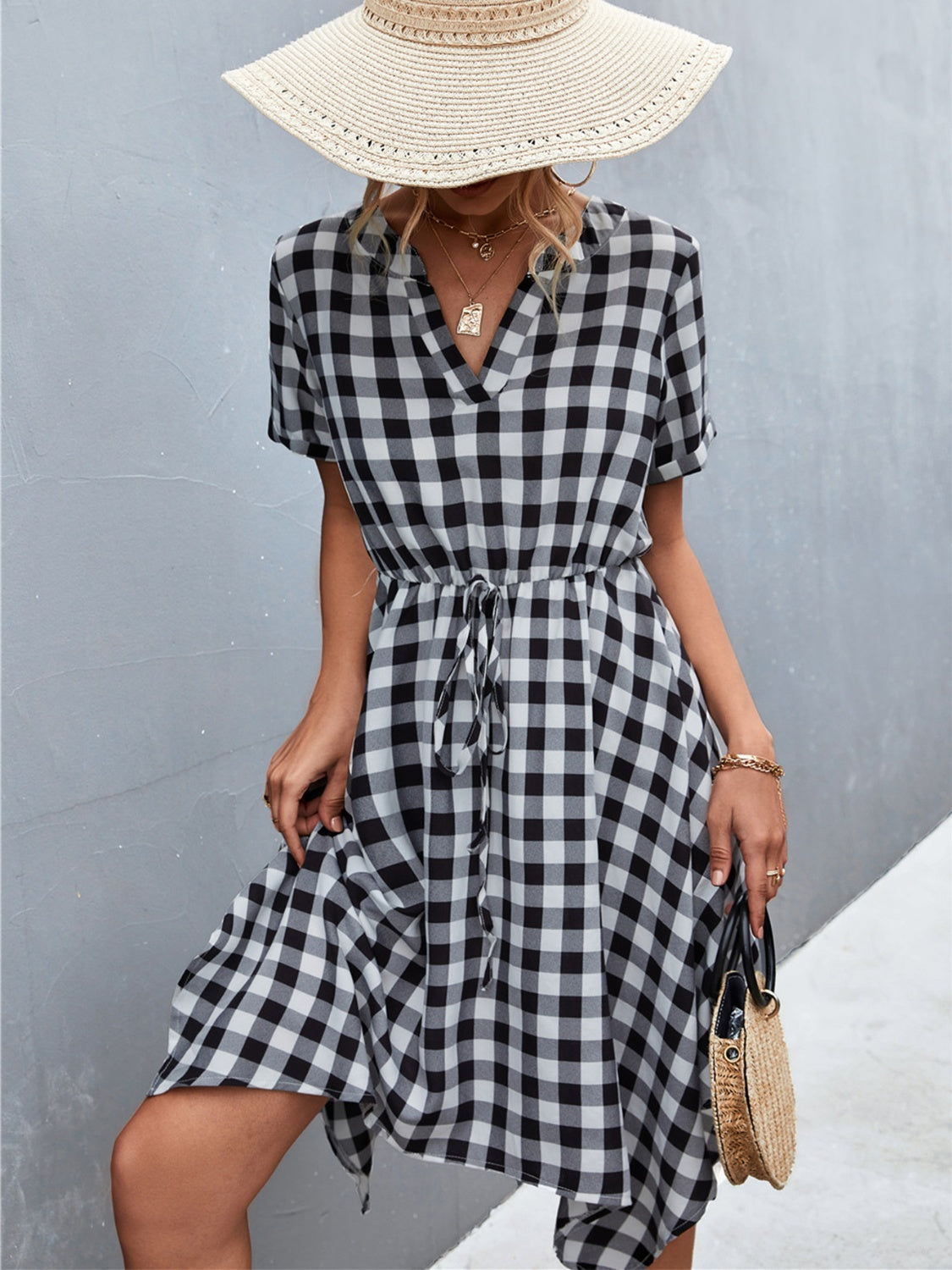 Plaid Notched Short Sleeve Dress