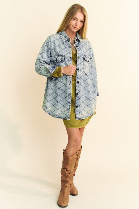 Davi & Dani Curved Hem Diamond Quilted Button Up Denim Shacket